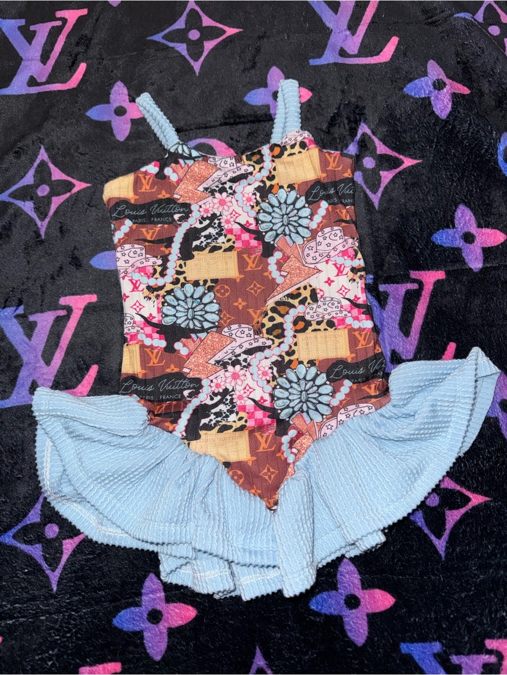 Louis Vuitton Multicolor Floral Monogram Romper with Light Blue Ruffle